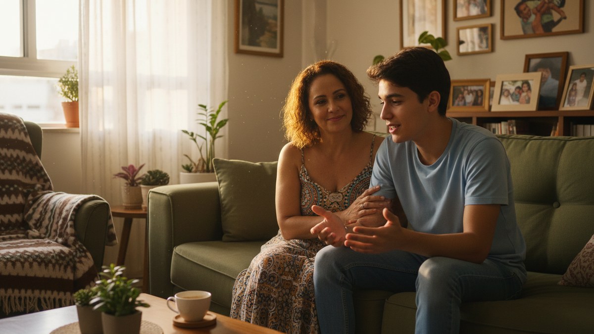 Mãe e filho conversando lado a lado no sofá